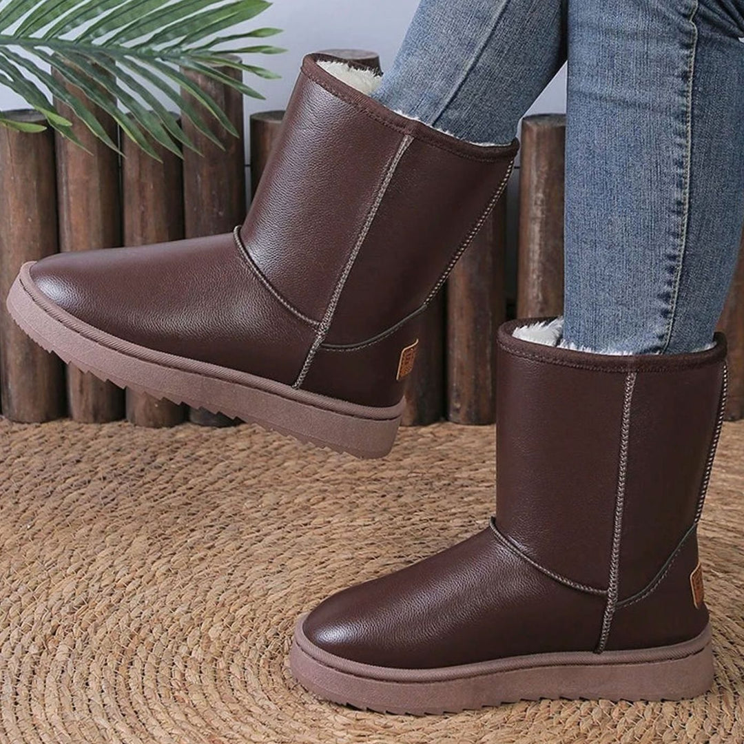 Women's Waterproof Faux Leather Platform Snow Boots Mid-Calf - Brown