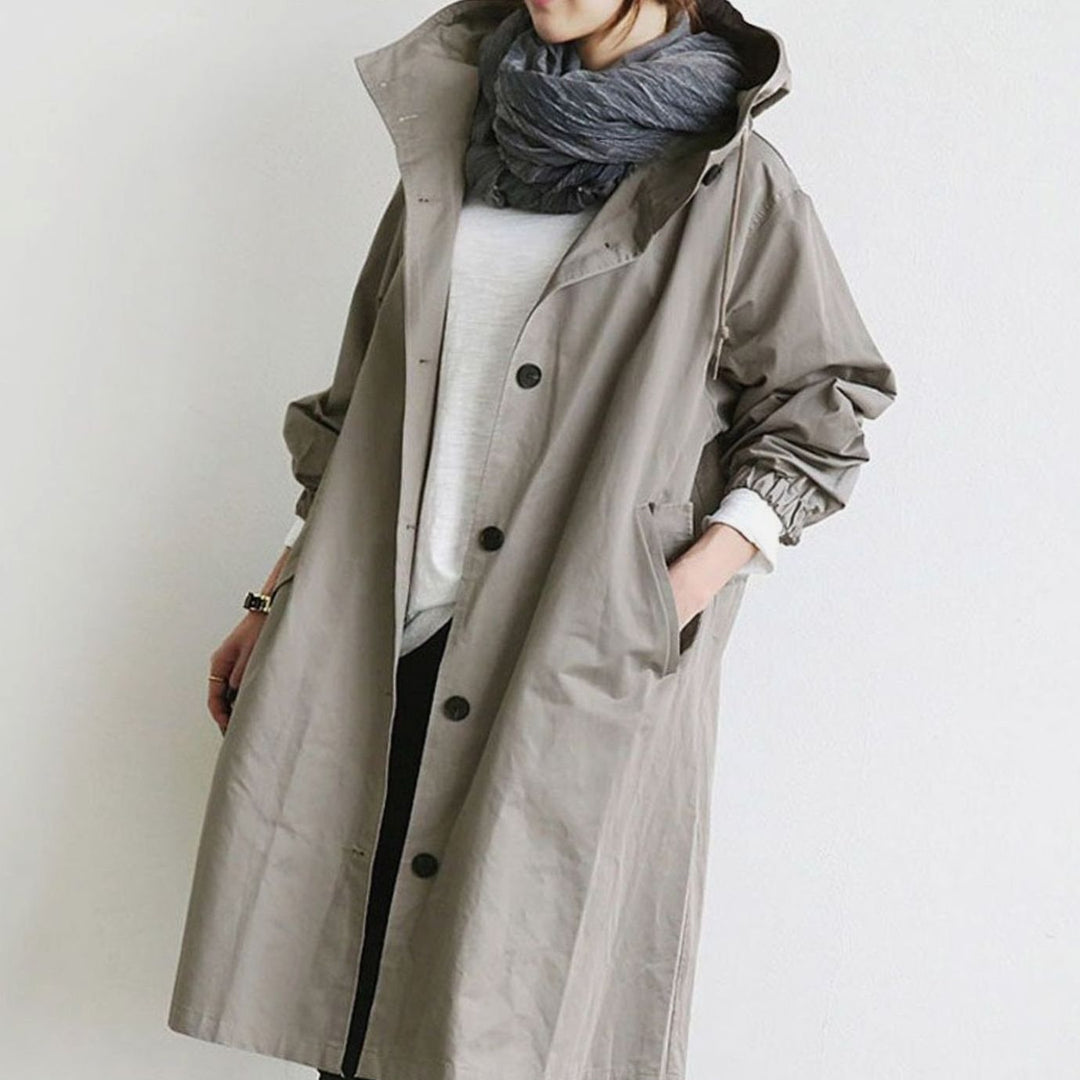 Women's Waterproof Hooded Trench Coat Relaxed-Fit Long Raincoat - Gray