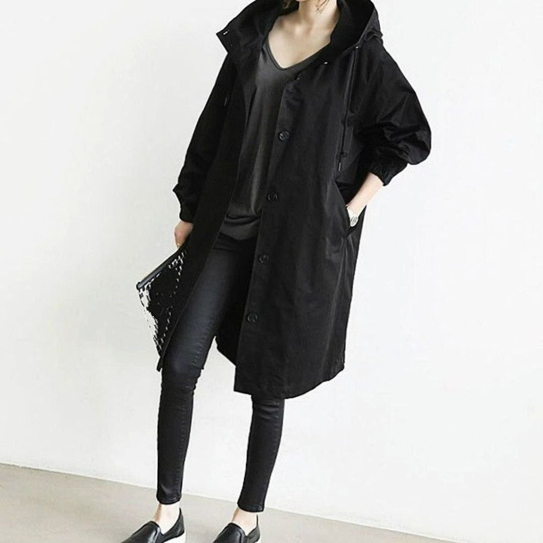 Women's Waterproof Hooded Trench Coat Relaxed-Fit Long Raincoat - Black