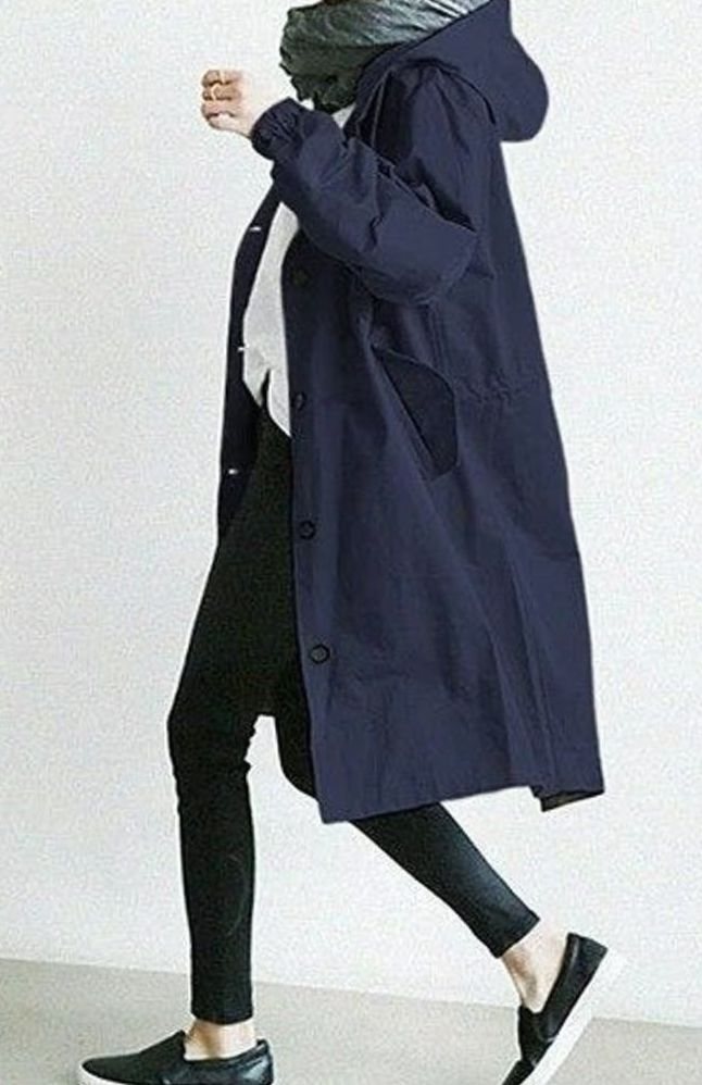 Women's Waterproof Hooded Trench Coat Relaxed-Fit Long Raincoat - Blue