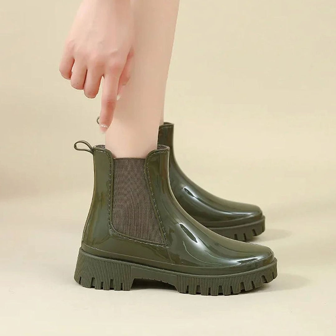 Women's Waterproof Rubber Chelsea Rain Boots Chunky Lugged Sole - Army Green
