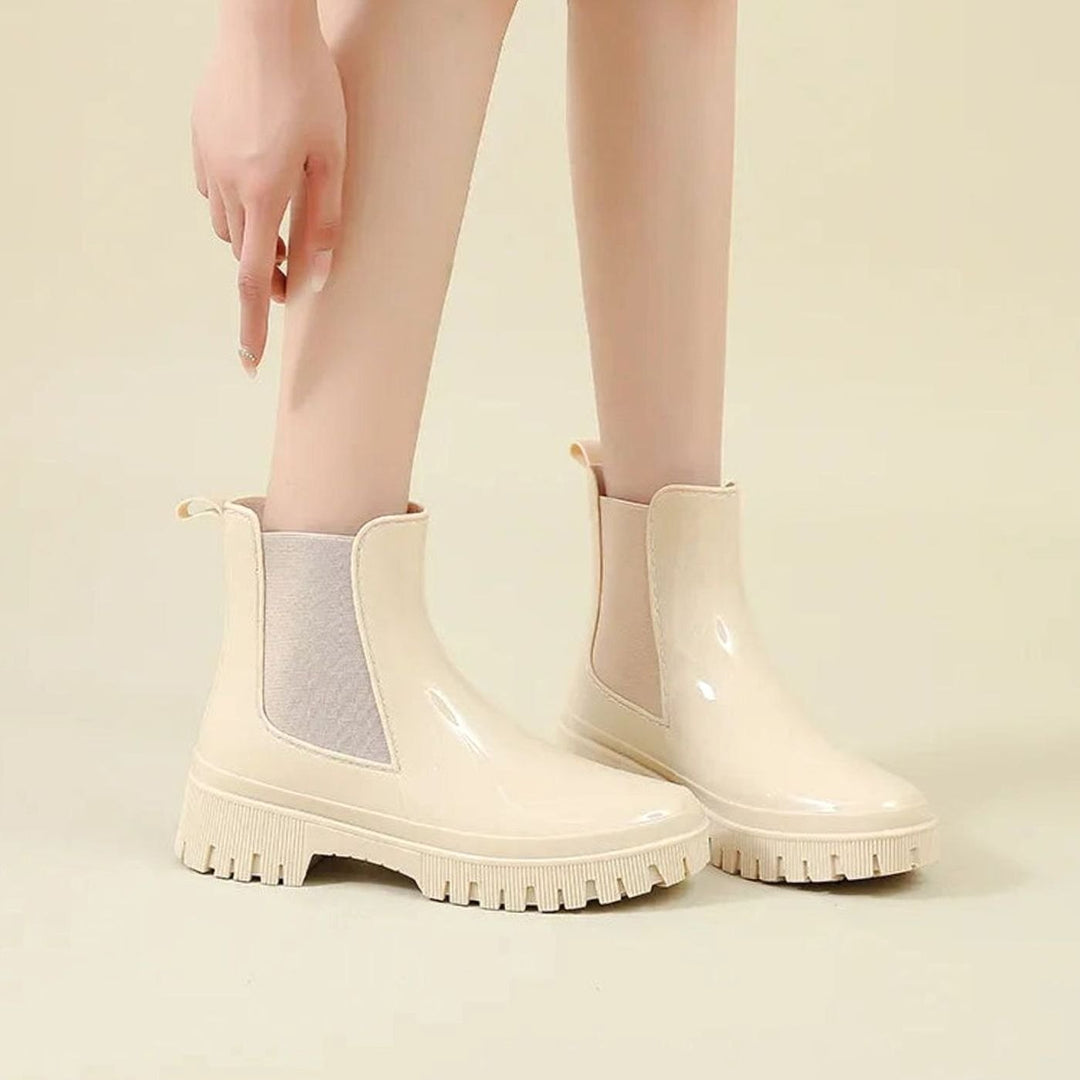 Women's Waterproof Rubber Chelsea Rain Boots Chunky Lugged Sole - Beige
