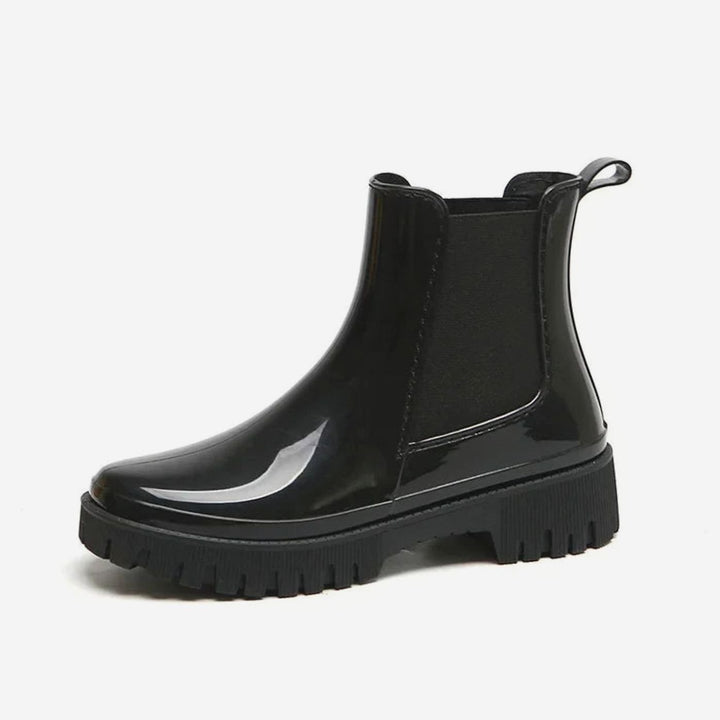 Women's Waterproof Rubber Chelsea Rain Boots Chunky Lugged Sole - Black