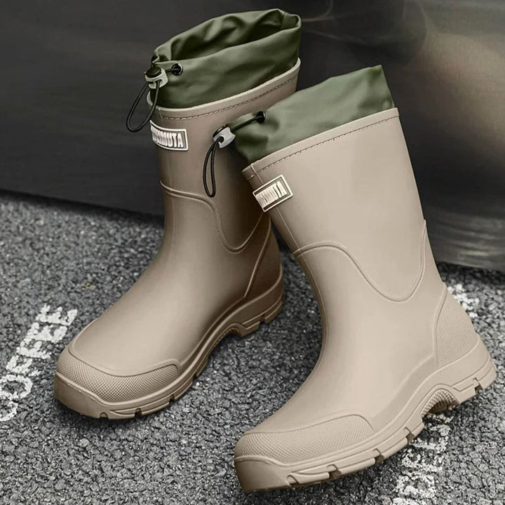 Women's Waterproof Slip-On Mid-Calf Rain Boots - Beige