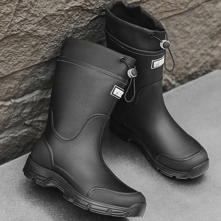 Women's Waterproof Slip-On Mid-Calf Rain Boots - Black