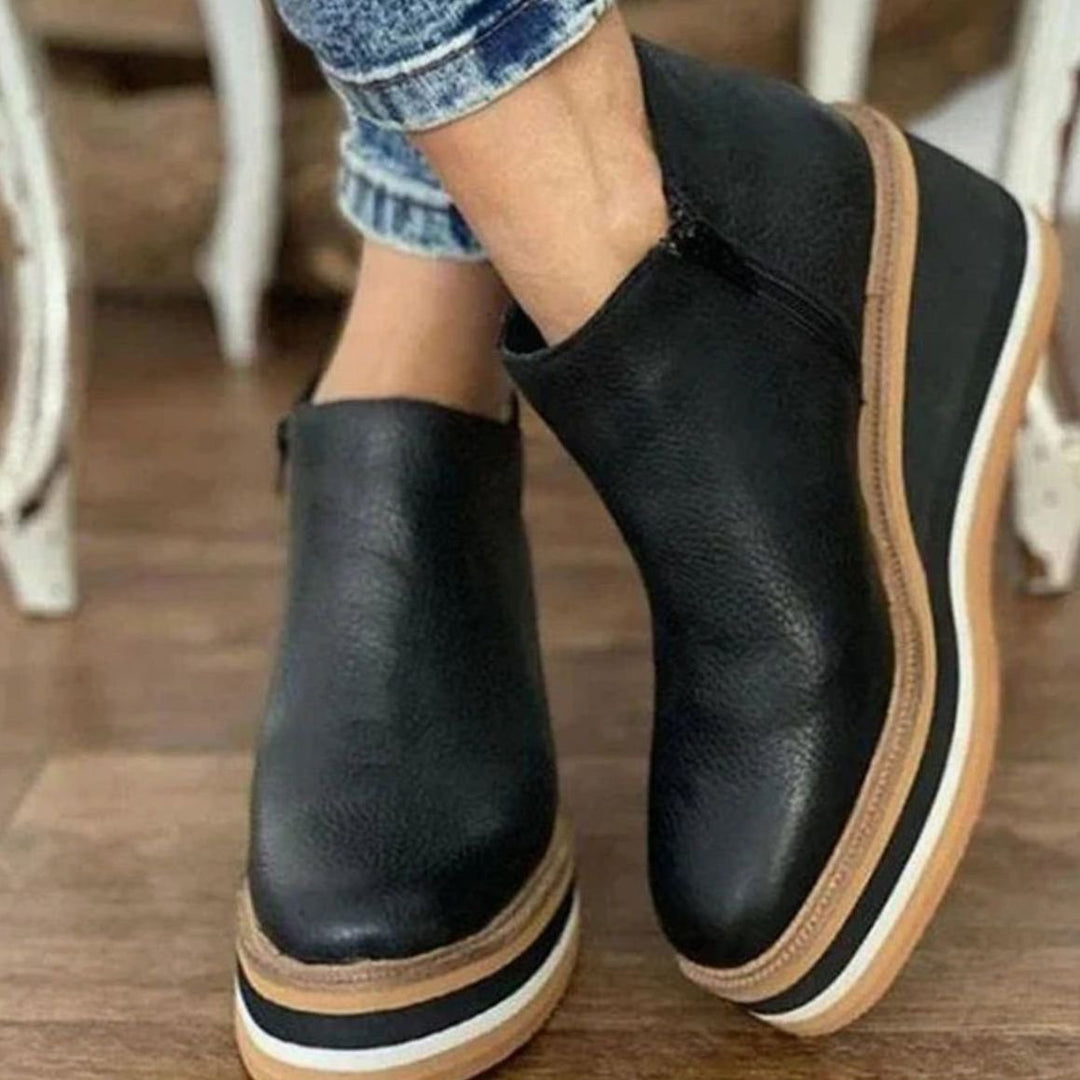 Women's Wedge Platform Zip-Up Ankle Boots - Black