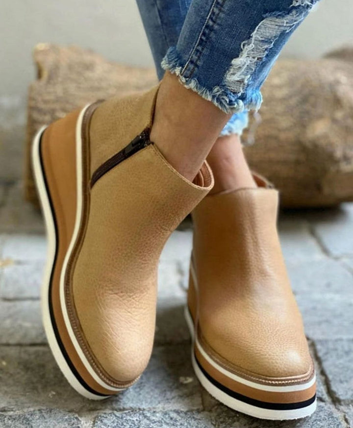 Women's Wedge Platform Zip-Up Ankle Boots - Khaki