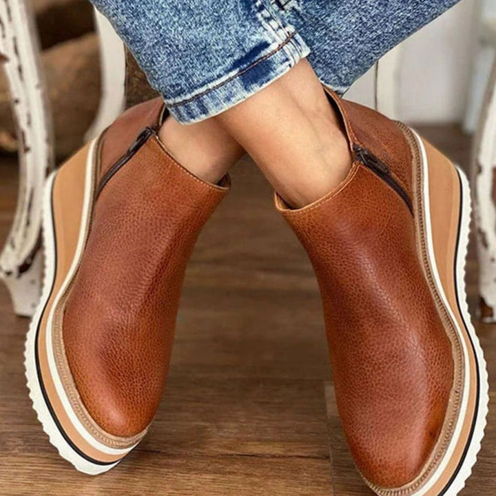 Women's Wedge Platform Zip-Up Ankle Boots - Dark Brown
