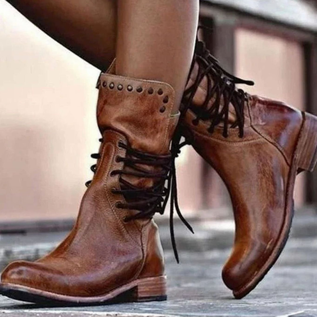Women's Western Lace-Up Studded Leather Mid-Calf Boots - Brown