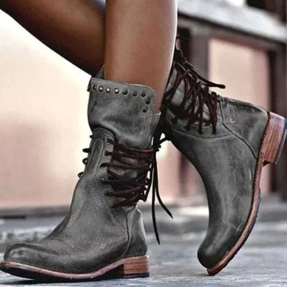 Women's Western Lace-Up Studded Leather Mid-Calf Boots - Gray