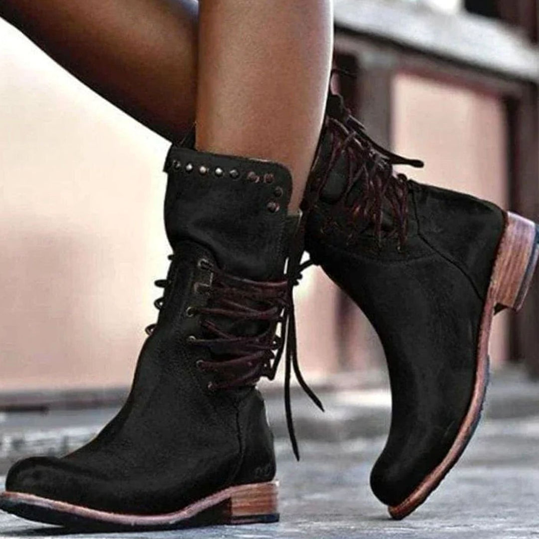 Women's Western Lace-Up Studded Leather Mid-Calf Boots - Black