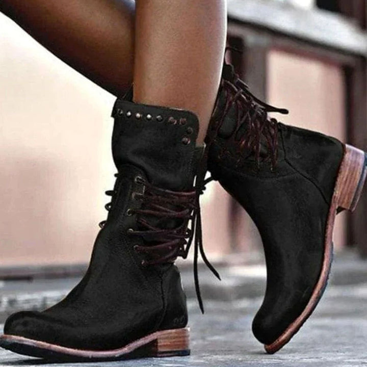 Women's Western Lace-Up Studded Leather Mid-Calf Boots - Black