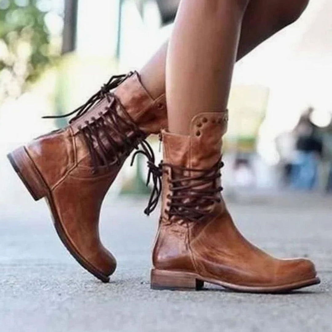 Women's Western Lace-Up Studded Leather Mid-Calf Boots