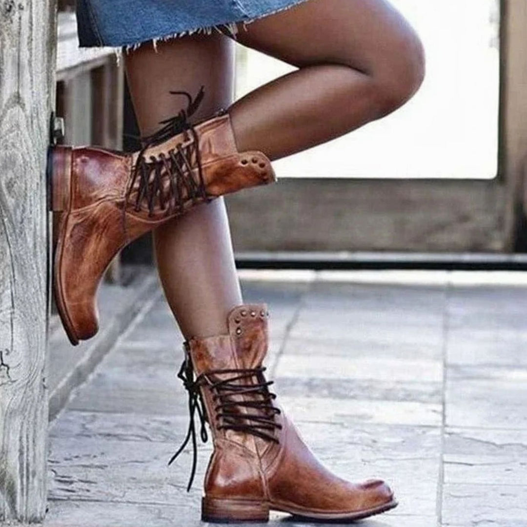 Women's Western Lace-Up Studded Leather Mid-Calf Boots
