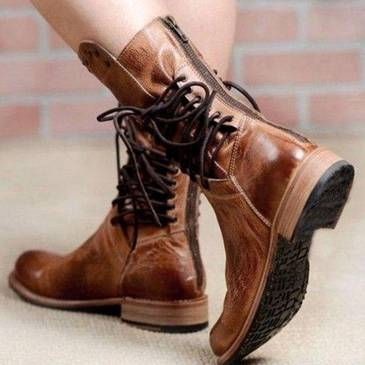 Women's Western Lace-Up Studded Leather Mid-Calf Boots