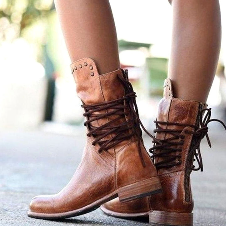 Women's Western Lace-Up Studded Leather Mid-Calf Boots