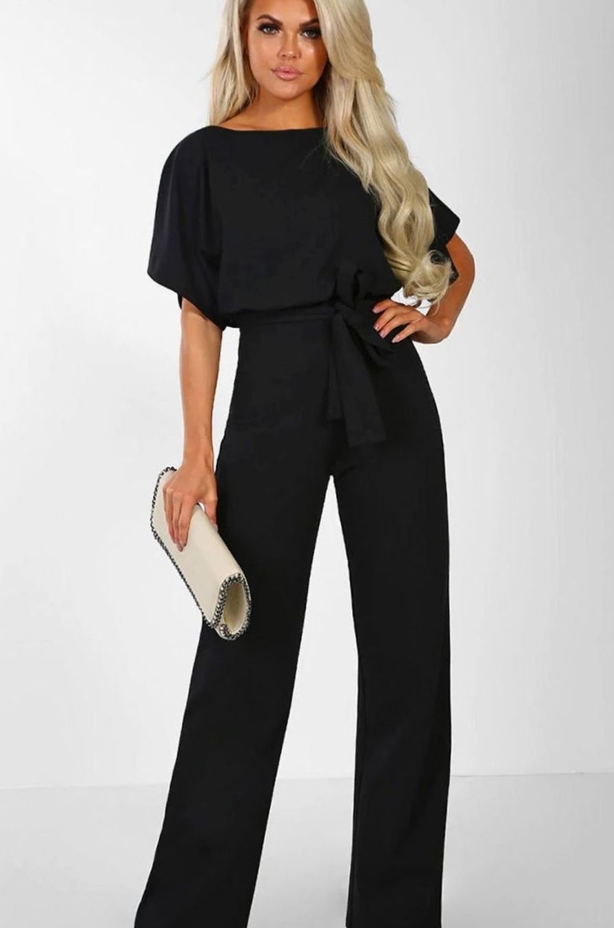 Women's Wide-Leg Belted Batwing Sleeve Jumpsuit - Black