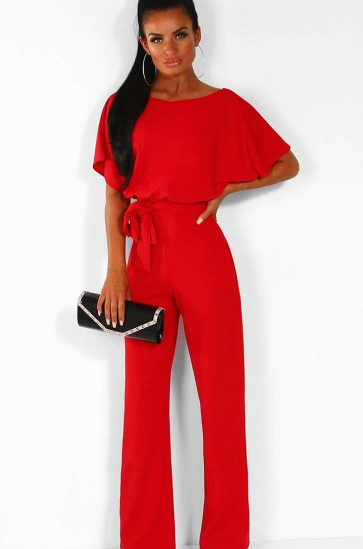 Women's Wide-Leg Belted Batwing Sleeve Jumpsuit - Red