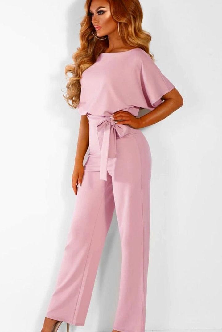 Women's Wide-Leg Belted Batwing Sleeve Jumpsuit - Pink