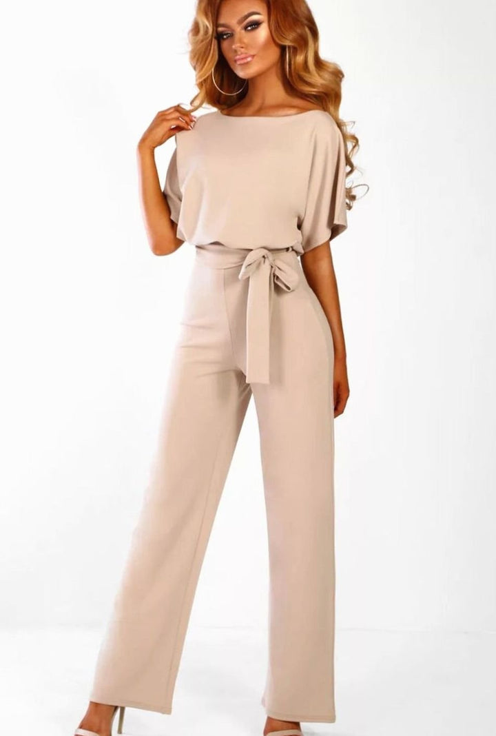 Women's Wide-Leg Belted Batwing Sleeve Jumpsuit - Apricot