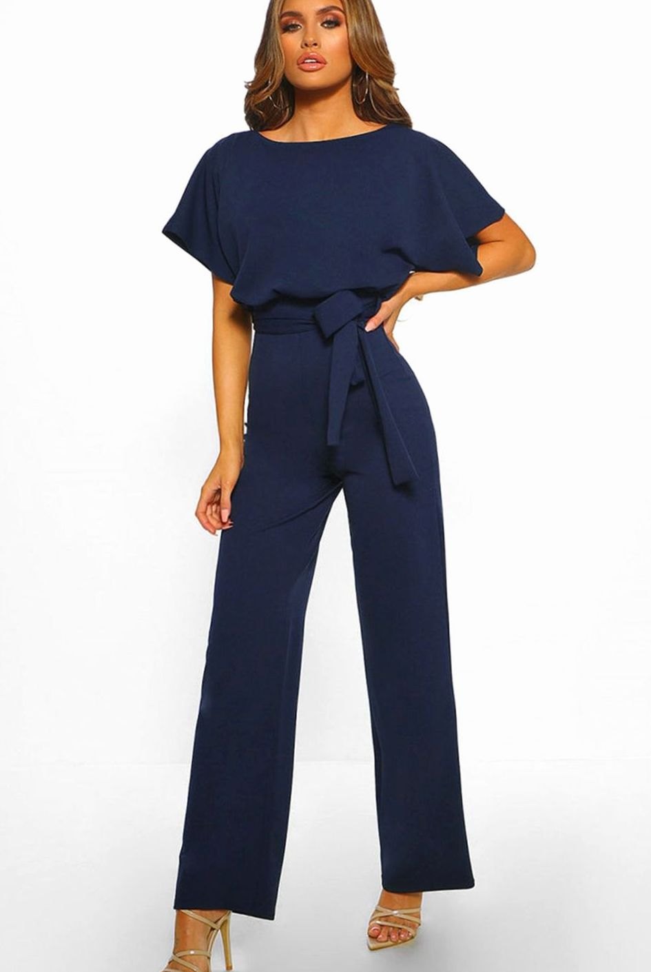 Women's Wide-Leg Belted Batwing Sleeve Jumpsuit - Navy Blue