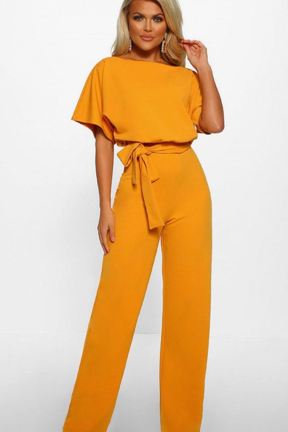 Women's Wide-Leg Belted Batwing Sleeve Jumpsuit - Yellow