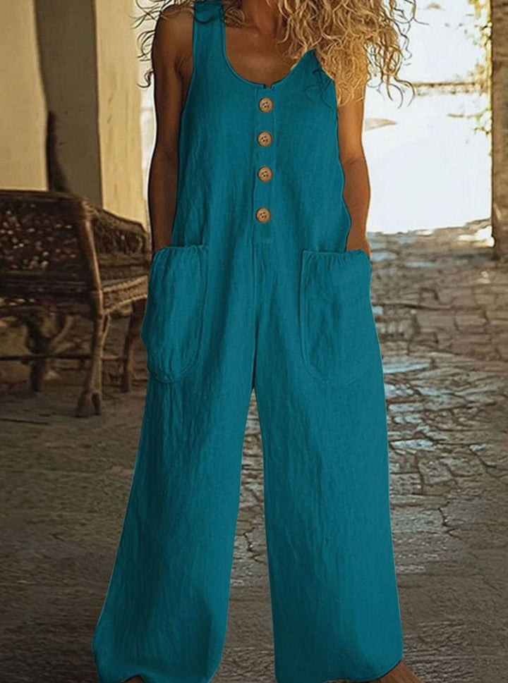 Women's Wide-Leg Button-Front Sleeveless Jumpsuit Oversized Pockets - Blue