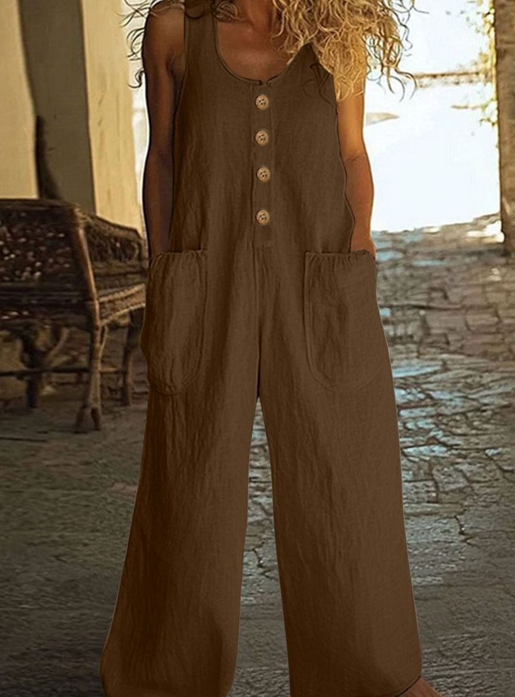 Women's Wide-Leg Button-Front Sleeveless Jumpsuit Oversized Pockets - Brown