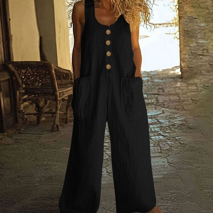 Women's Wide-Leg Button-Front Sleeveless Jumpsuit Oversized Pockets - Black
