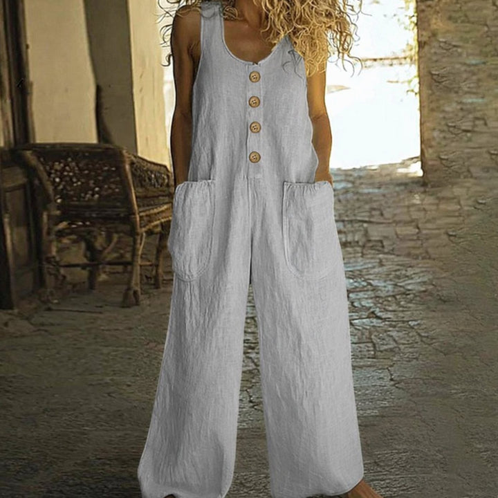 Women's Wide-Leg Button-Front Sleeveless Jumpsuit Oversized Pockets - Silver Gray