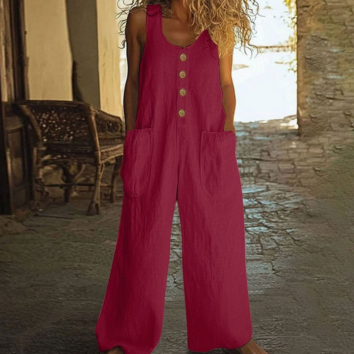 Women's Wide-Leg Button-Front Sleeveless Jumpsuit Oversized Pockets - Brick Red