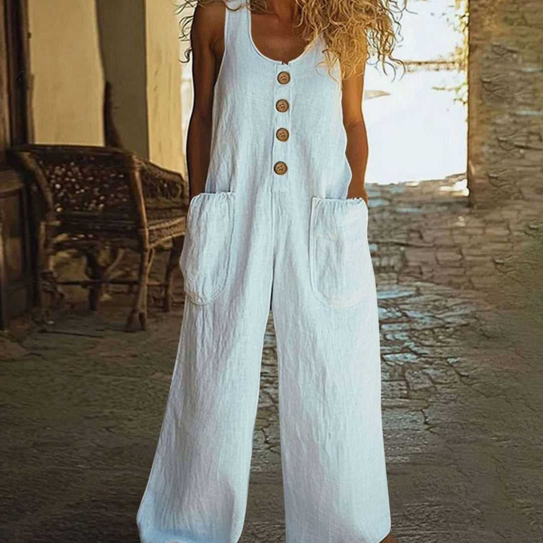 Women's Wide-Leg Button-Front Sleeveless Jumpsuit Oversized Pockets - White