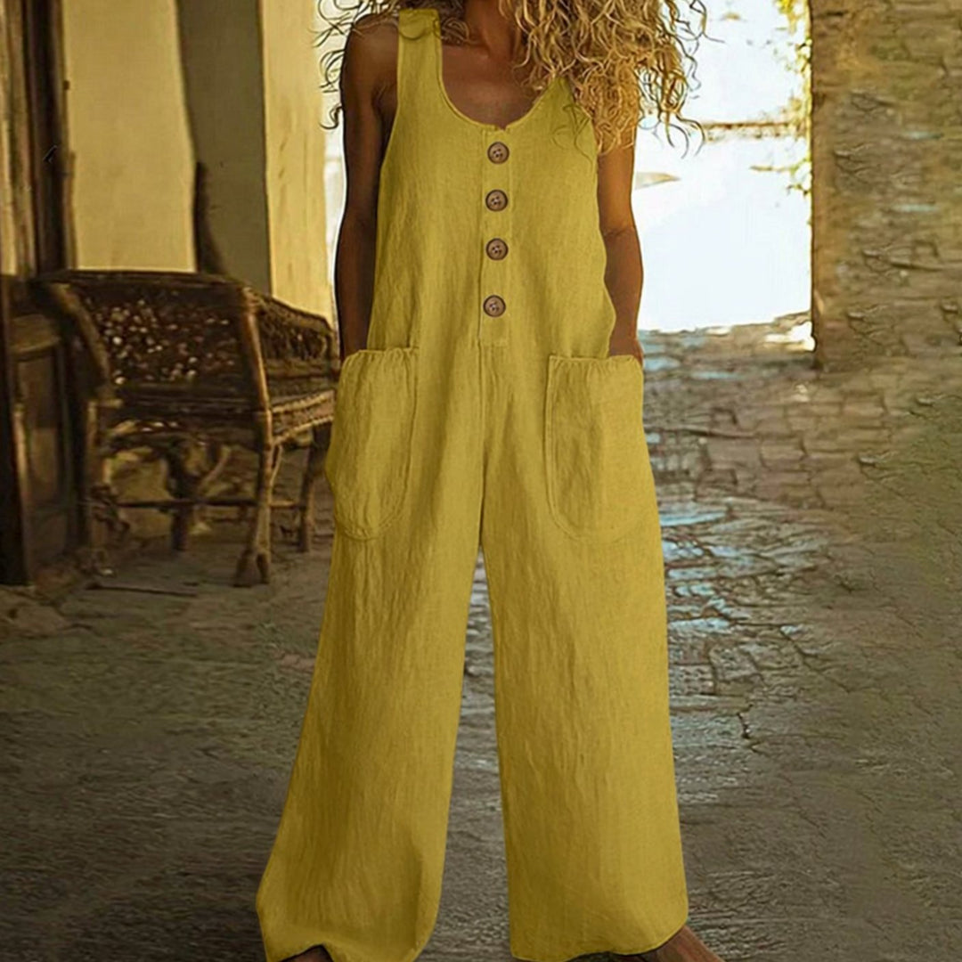 Women's Wide-Leg Button-Front Sleeveless Jumpsuit Oversized Pockets - Yellow
