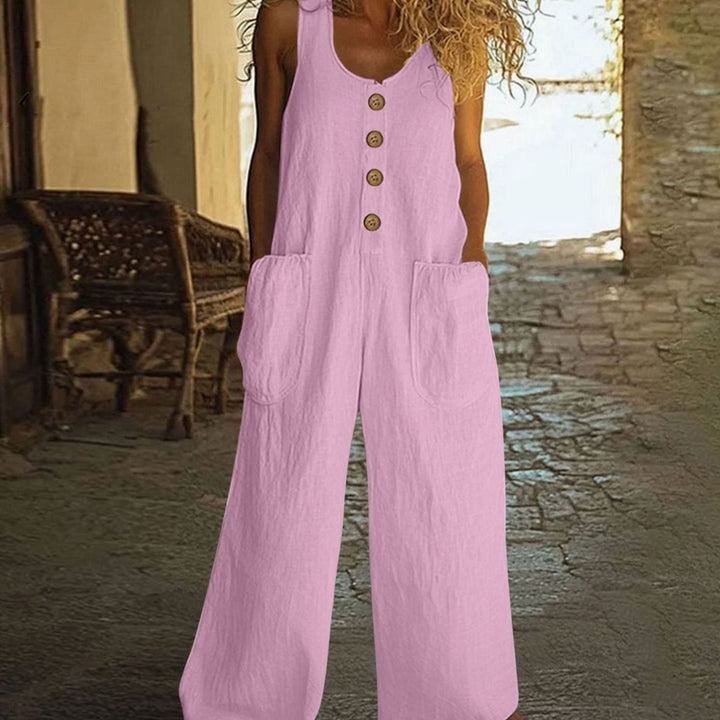Women's Wide-Leg Button-Front Sleeveless Jumpsuit Oversized Pockets - Pink