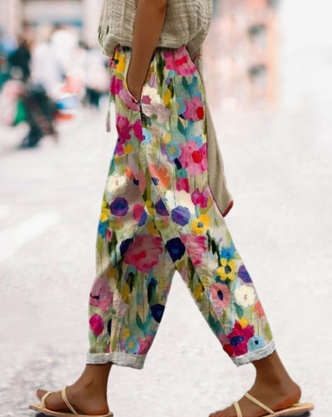 Women's Wide-Leg Cropped Floral Print Casual Pants - Multicolor