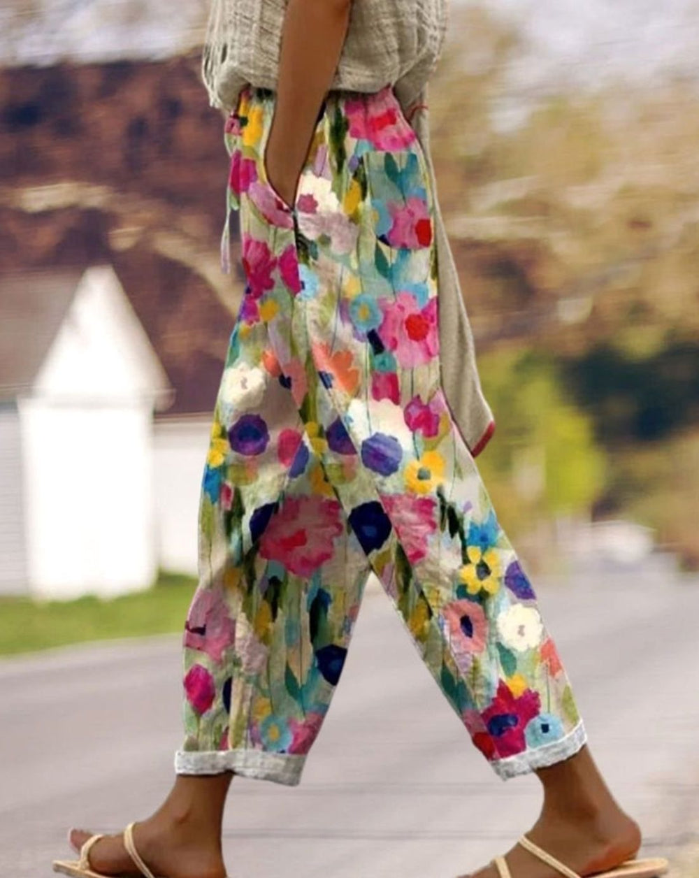 Women's Wide-Leg Cropped Floral Print Casual Pants