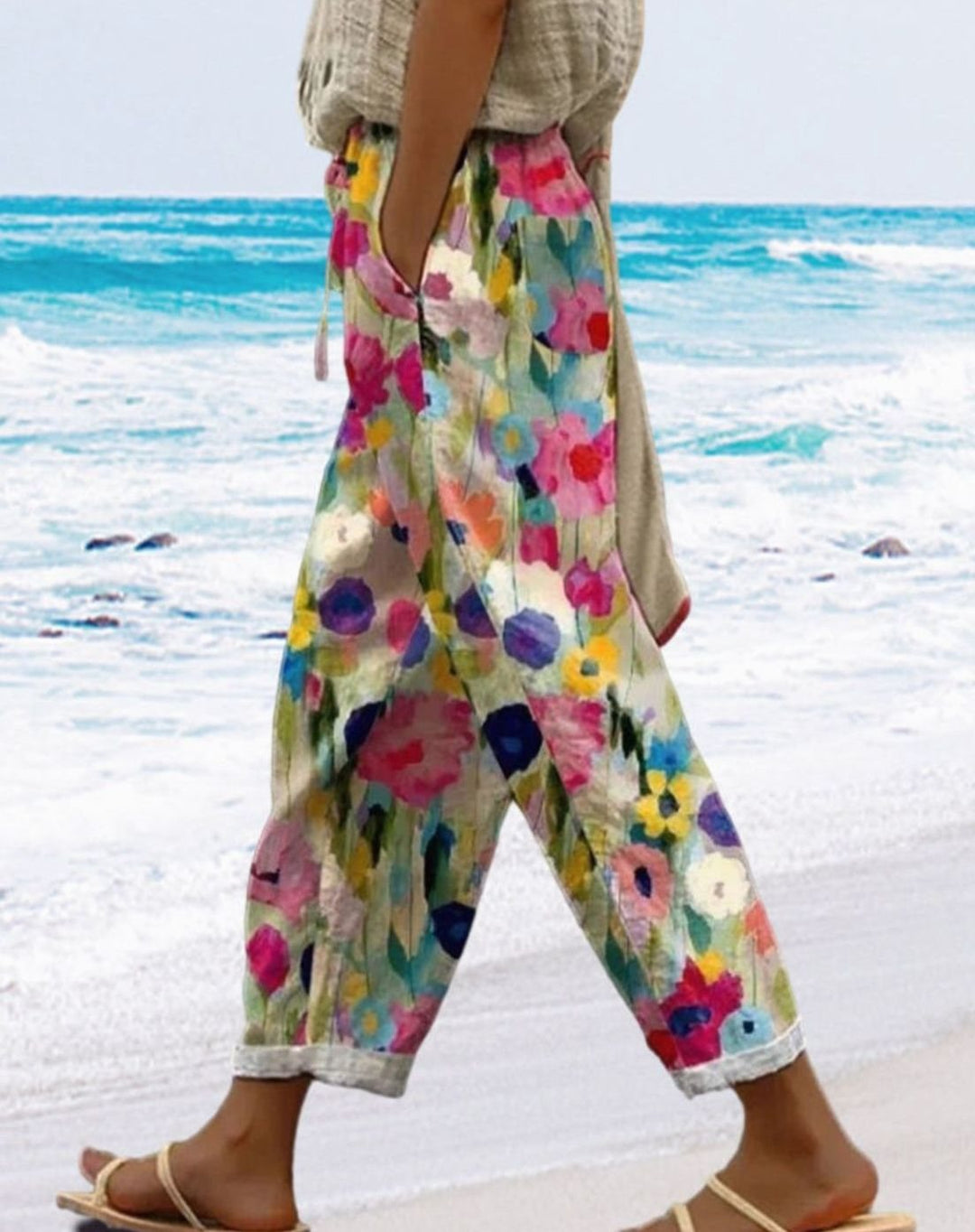 Women's Wide-Leg Cropped Floral Print Casual Pants