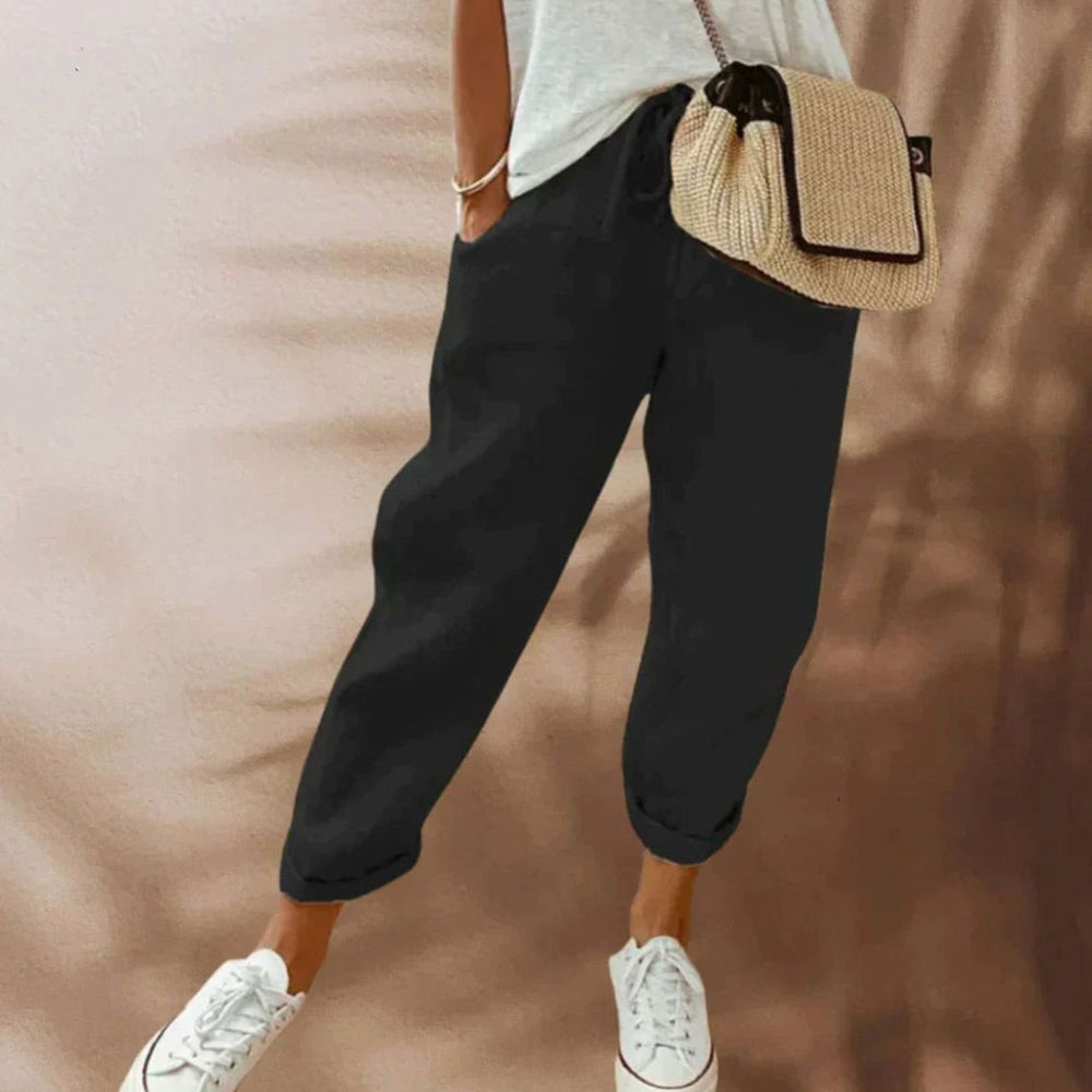 Women's Wide Leg Cropped Linen Drawstring Pants - Black