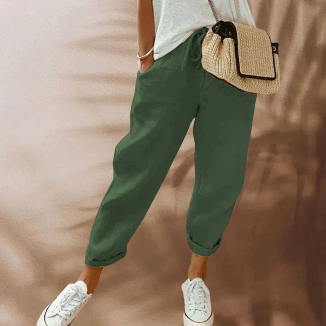 Women's Wide Leg Cropped Linen Drawstring Pants - Green