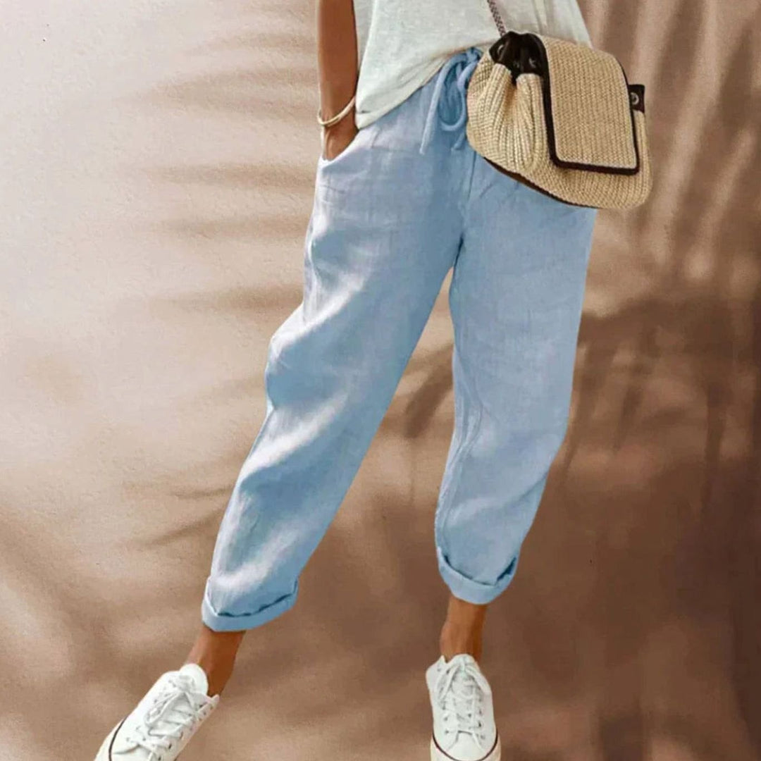 Women's Wide Leg Cropped Linen Drawstring Pants - Blue