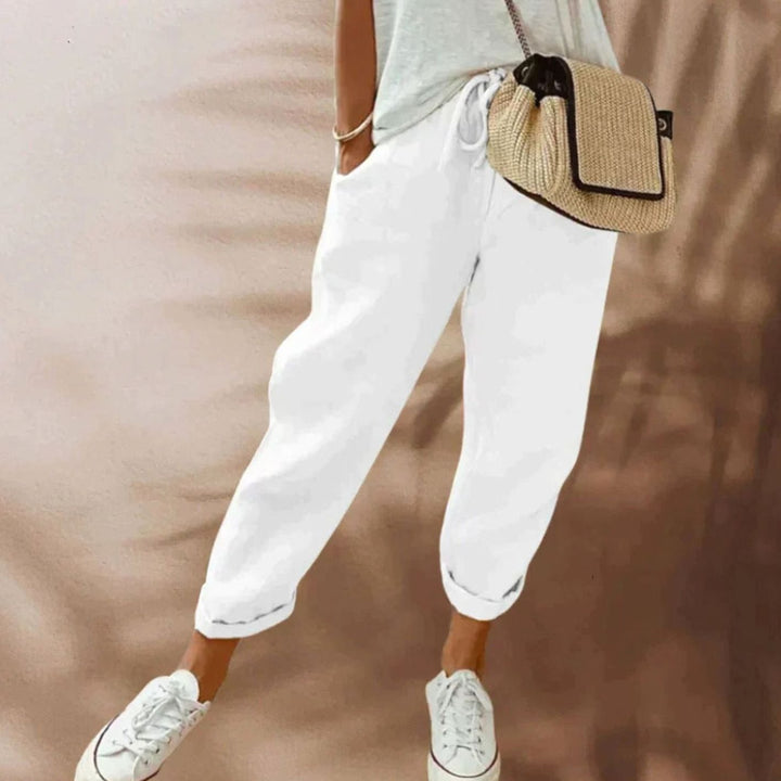 Women's Wide Leg Cropped Linen Drawstring Pants - White