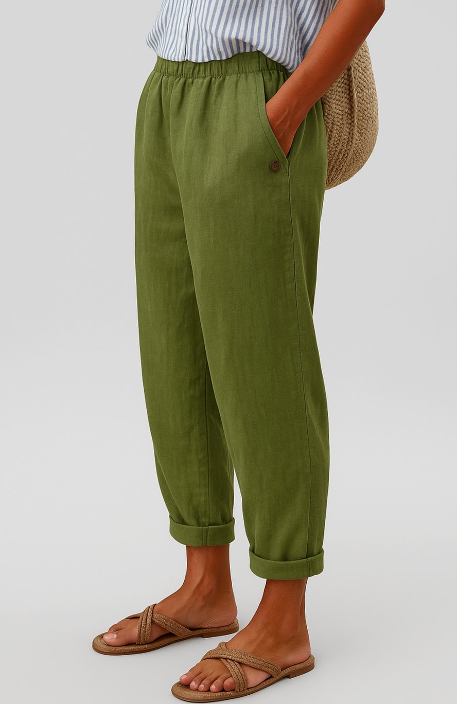 Women's Wide-Leg Cropped Linen Pants with Pockets - Green