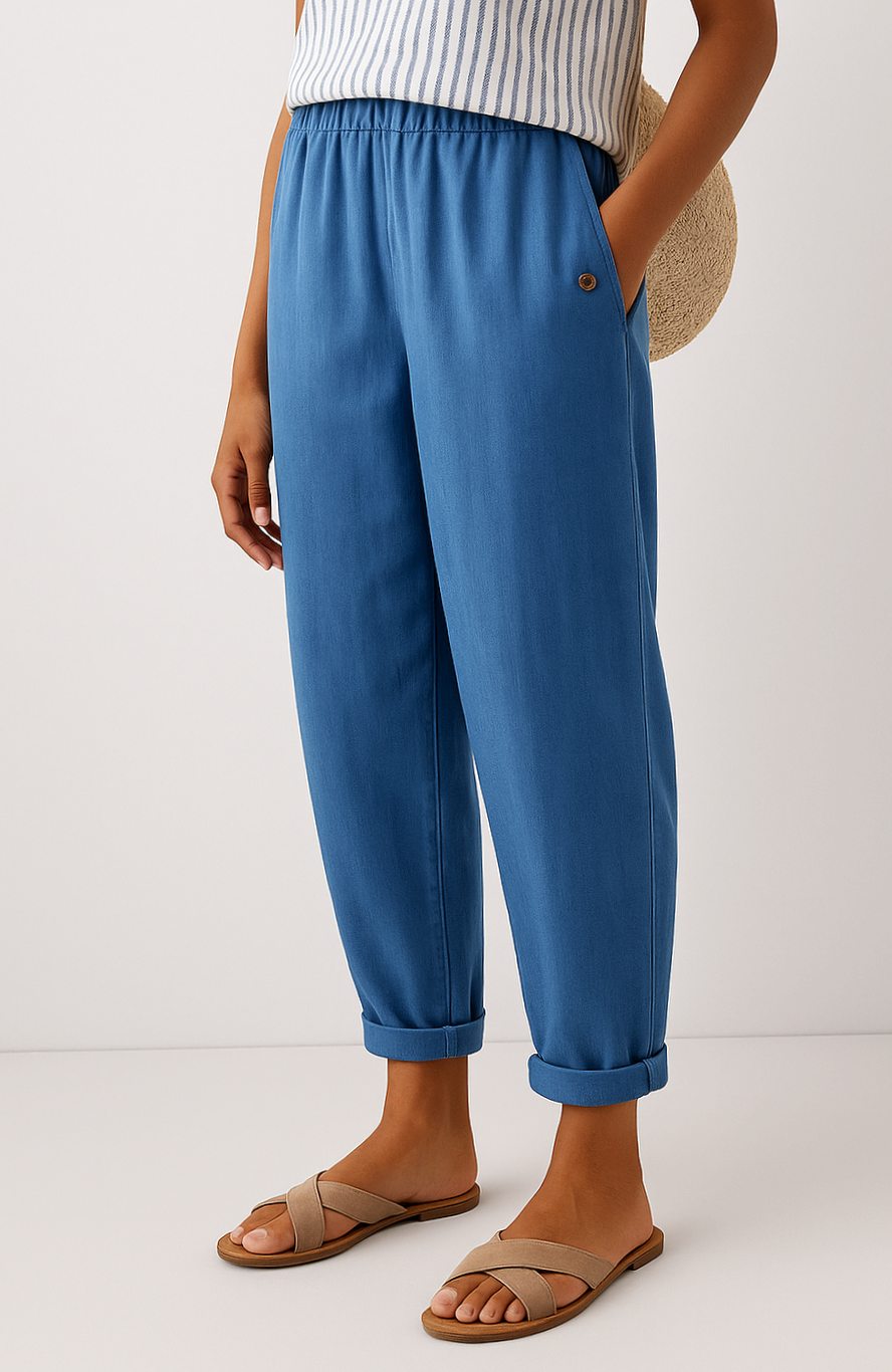 Women's Wide-Leg Cropped Linen Pants with Pockets - Blue