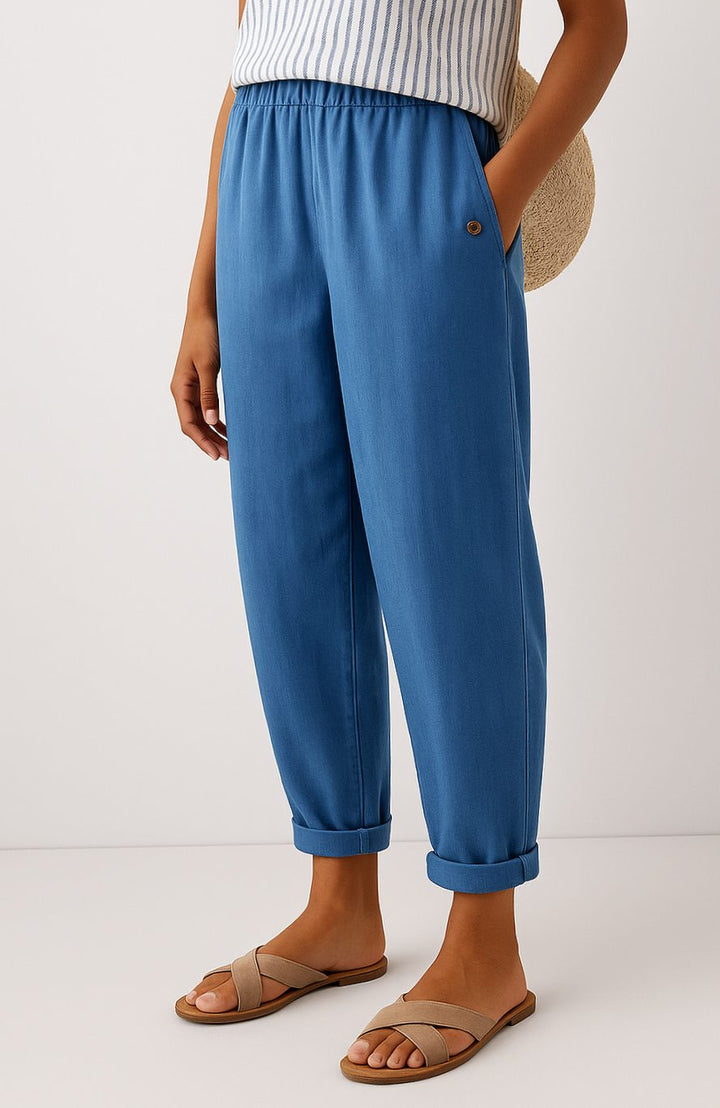 Women's Wide-Leg Cropped Linen Pants with Pockets - Blue