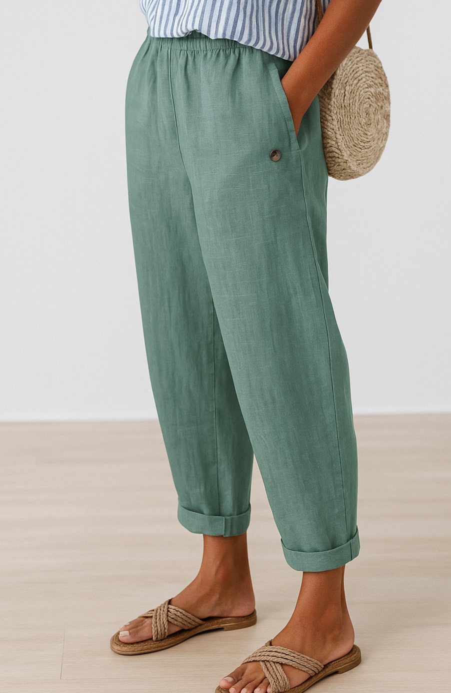 Women's Wide-Leg Cropped Linen Pants with Pockets - Sage Green