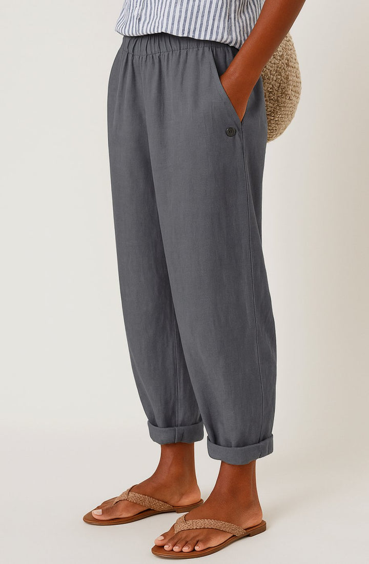 Women's Wide-Leg Cropped Linen Pants with Pockets - Gray