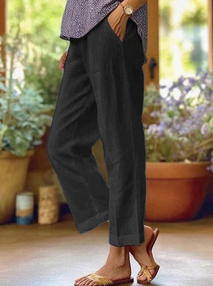 Women's Wide Leg Cropped Pants Elastic Waist Casual Linen - Black