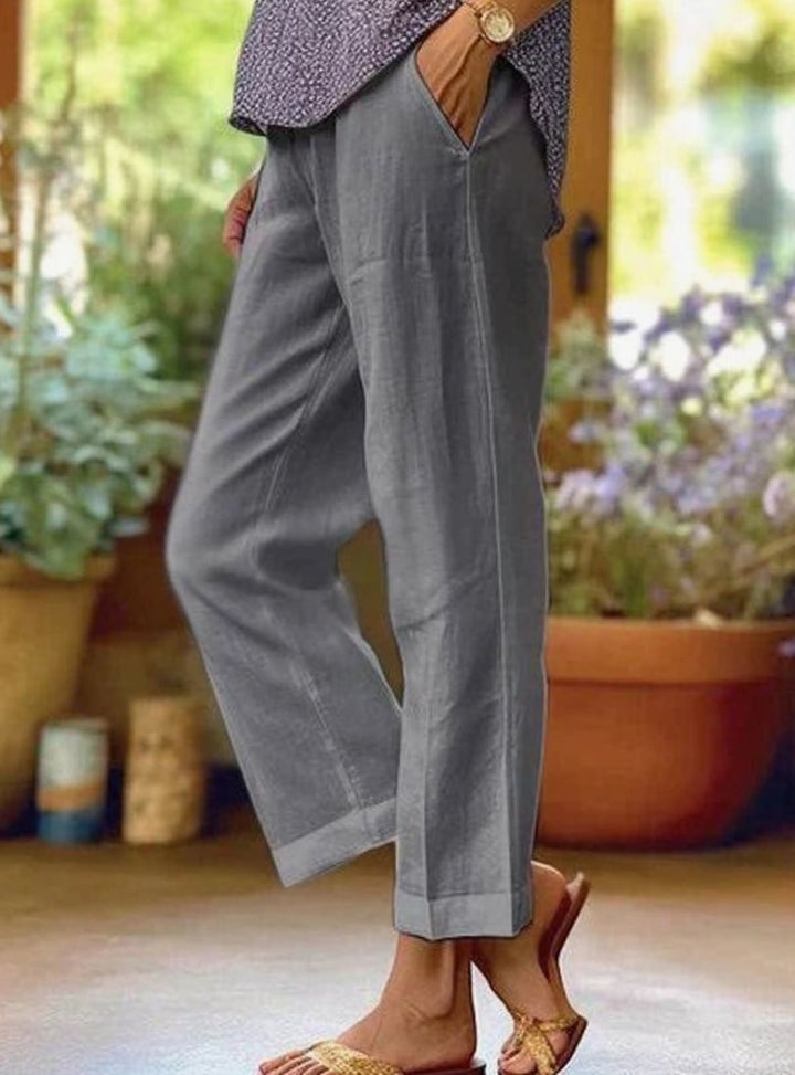 Women's Wide Leg Cropped Pants Elastic Waist Casual Linen - Gray