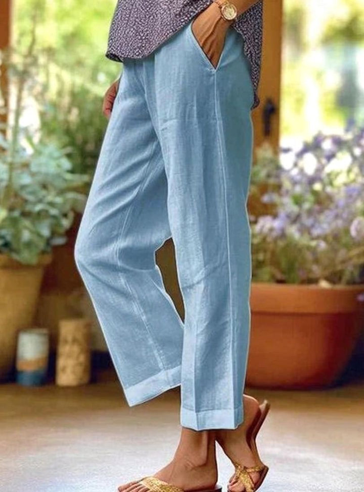 Women's Wide Leg Cropped Pants Elastic Waist Casual Linen - Blue