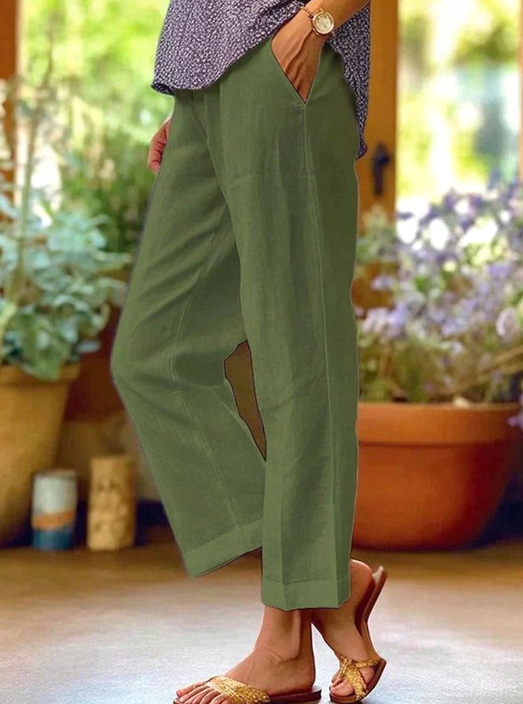 Women's Wide Leg Cropped Pants Elastic Waist Casual Linen - Green